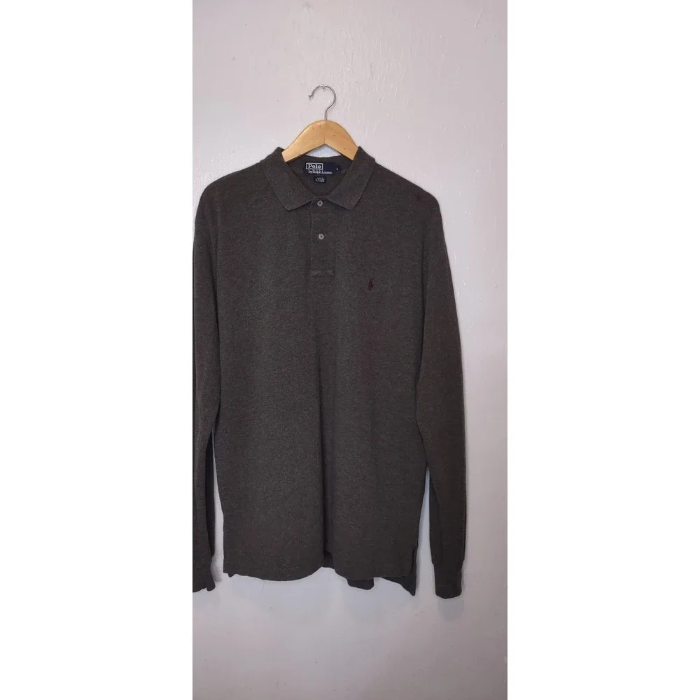 Polo Ralph Lauren Men's Long Sleeve Grey Polo with Maroon Embroiderd Polo Pony
